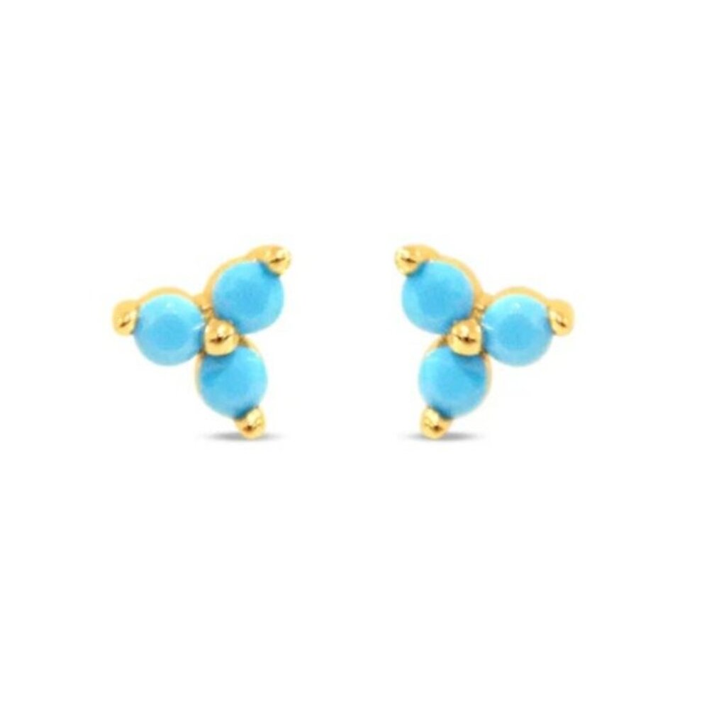 Turquoise Trio Stud Earrings December Birthstone Gold Cluster Dainty Studs - Picture 6 of 15